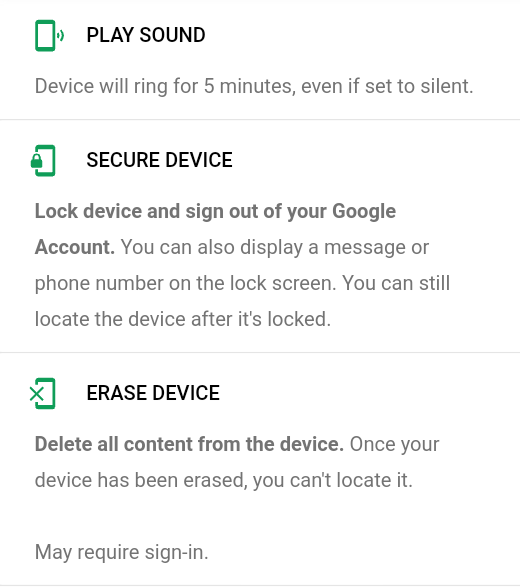 Play Sound, Secure Device, or Erase Device on the Find My Device App