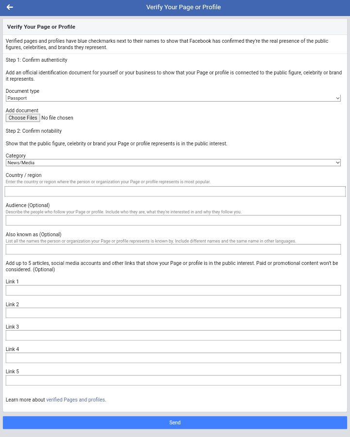 Facebook help verification form