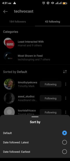 How to sort the Instagram following list?