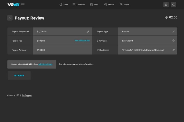 Withdraw crypto payout on Veve